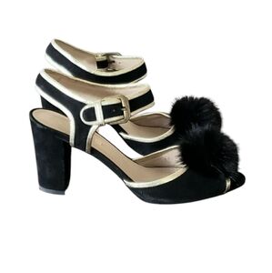 Anthropologie Cleo B Black Suede Heels with Pom Pom Size 38